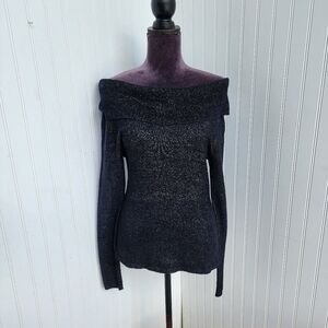 CACHE Womens NAVY GOLD OFF THE SHOULDER SOFT TUNIC TOP SWEATER Nylon Stretch M